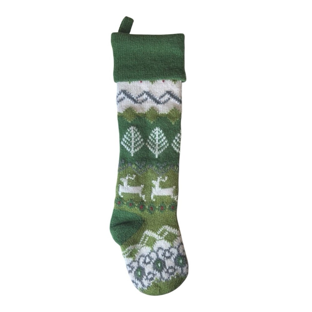 Vintage Knit Christmas Stocking Fair Isle Nordic Wool Blend Green Holiday 26"